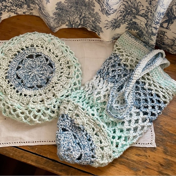 NEW! Handcrafted Crochet 100% Cotton Packable Tote Bag & Pouch - Blue/Green - Picture 5 of 16